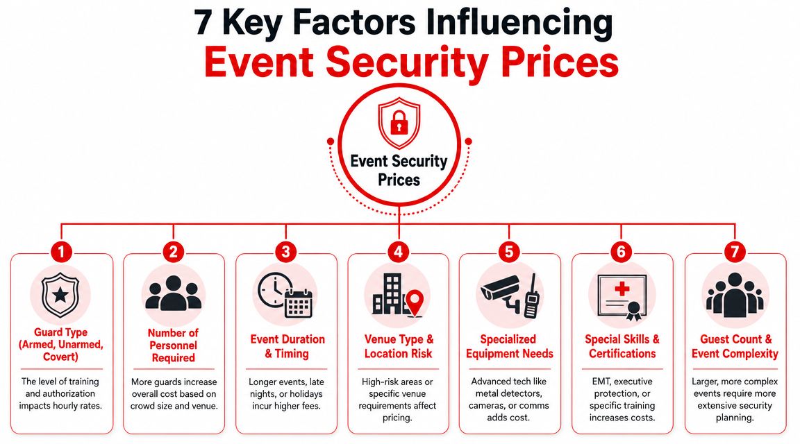 Security for Parties Prices: 7 Unmissable Budgeting Facts 2 An infographic titled 7 Key Factors Influencing Event Security Prices listing considerations for security service costs.