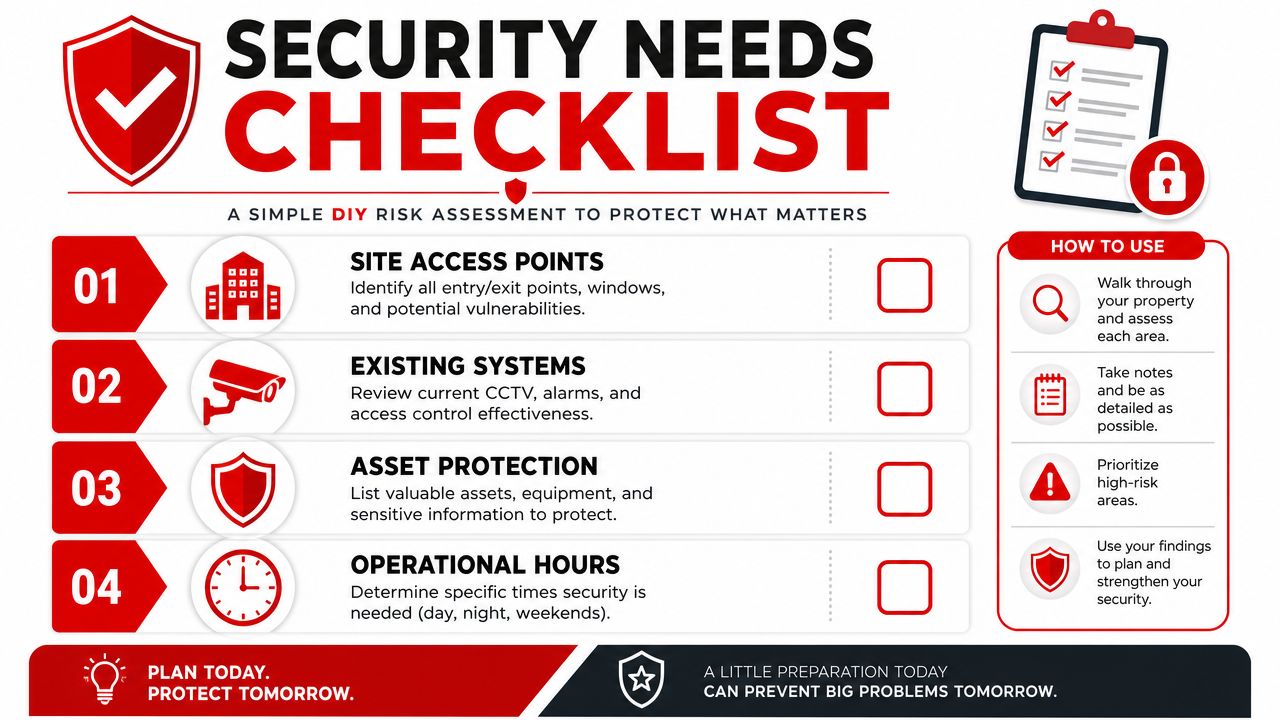 Security Guard Hire Sydney: Your 2026 Essential Guide 2 An infographic titled Security Needs Checklist providing a simple DIY risk assessment guide for property protection.