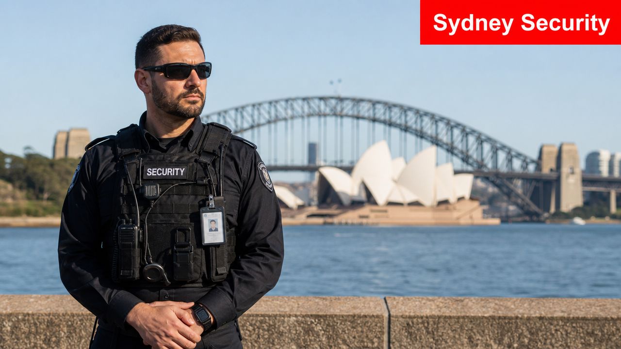 Security Guard Hire Sydney: Your 2026 Essential Guide 1 A professional security guard standing in uniform with the Sydney Harbour Bridge and Opera House behind him.