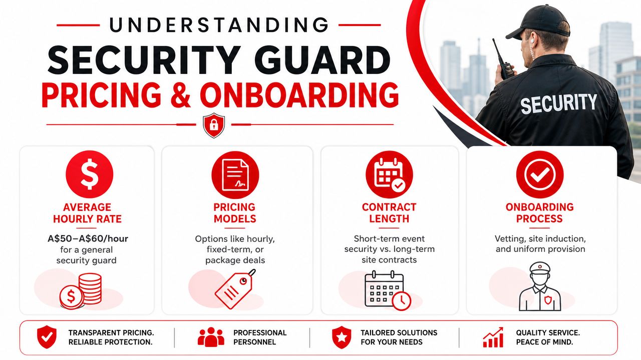 Security Guard Hire Sydney: Your 2026 Essential Guide 4 An infographic detailing security guard hiring costs, contract lengths, and the onboarding process for professional services.