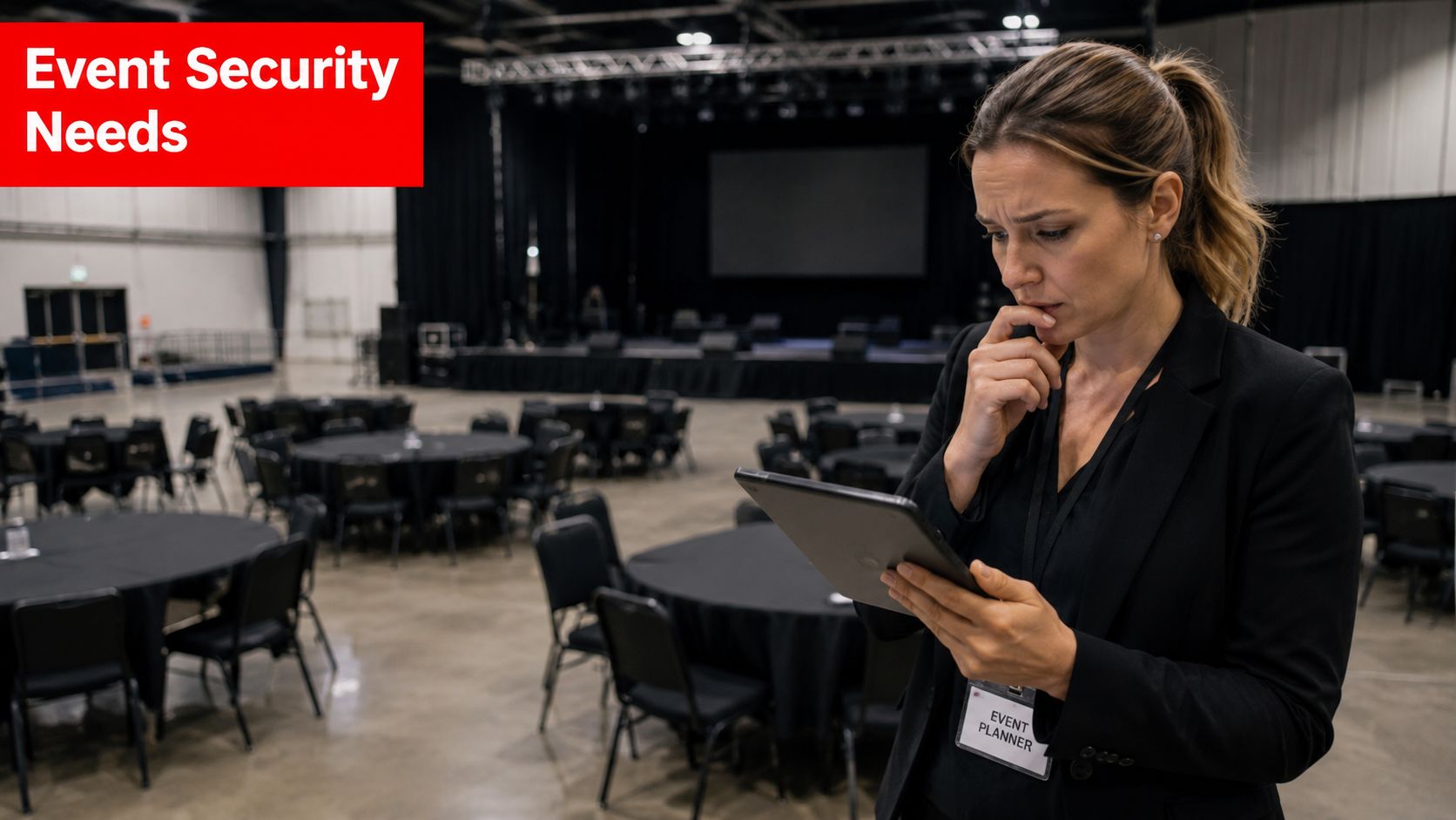 Security Guard Qualifications 2026: Australian Licensing 1 A concerned event planner reviewing security plans on a tablet in a large empty conference venue.