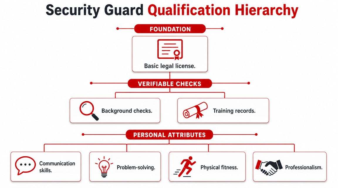 Security Guard Qualifications 2026: Australian Licensing 2 A hierarchical flowchart displaying the essential foundation, verifiable checks, and personal attributes for security guard qualifications.