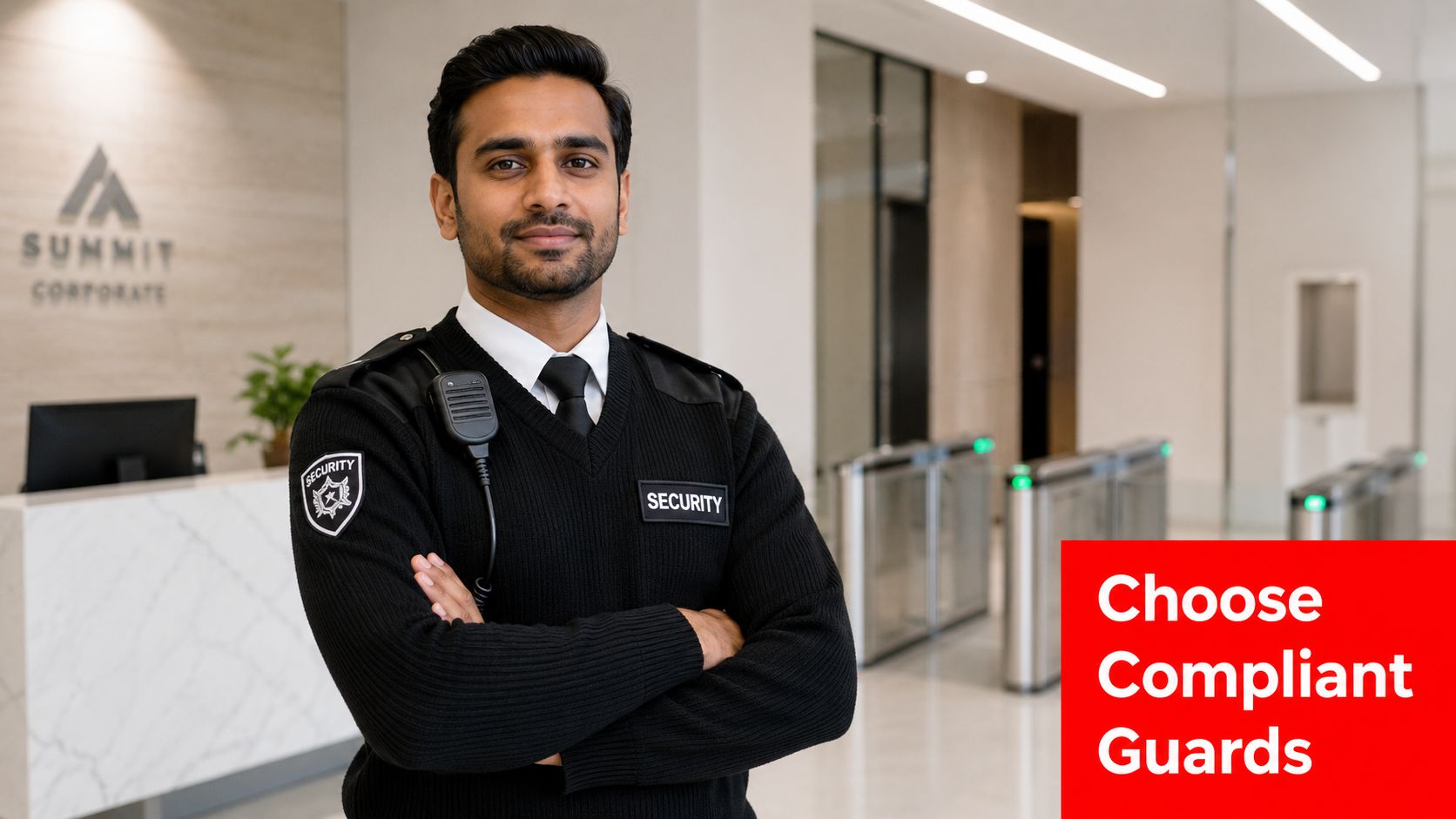 Security Guard Qualifications 2026: Australian Licensing 4 A professional security guard standing in front of a modern office reception desk with folded arms.