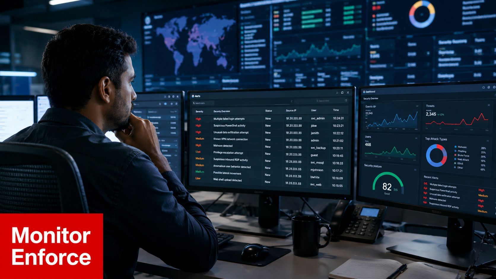 Service Level Agreement (SLA) Guide: Key Components & 4 A cybersecurity professional monitoring data security alerts on multiple computer screens in a dark command center.