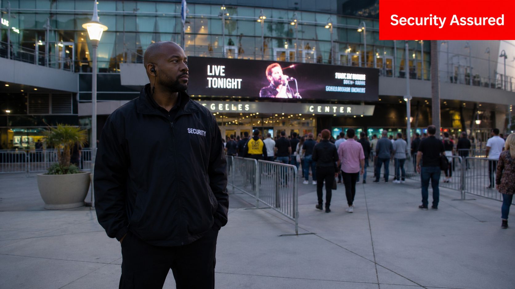 Service Level Agreement (SLA) Guide: Key Components & 1 A security guard stands in front of a concert venue entrance while people walk through metal barriers.