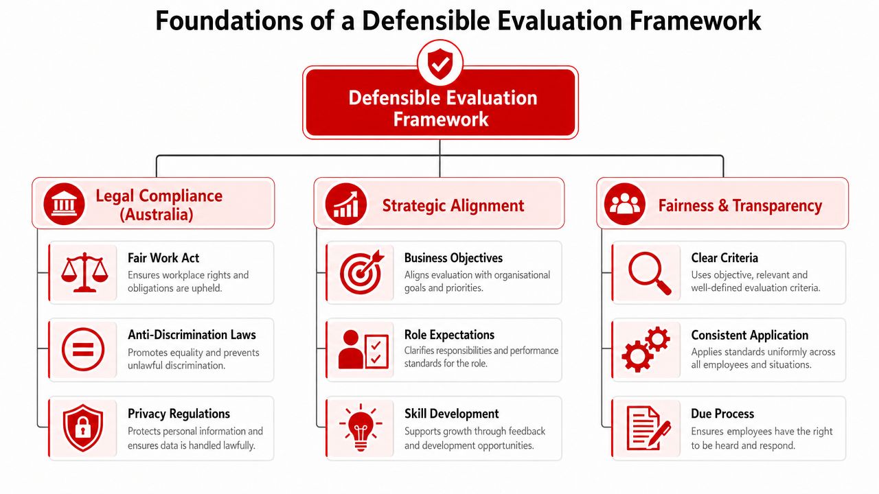 Staff Performance Evaluation: Guide for Security & Venues 2 A diagram outlining the three foundations of a defensible staff performance evaluation framework: legal compliance, strategic alignment, and fairness.