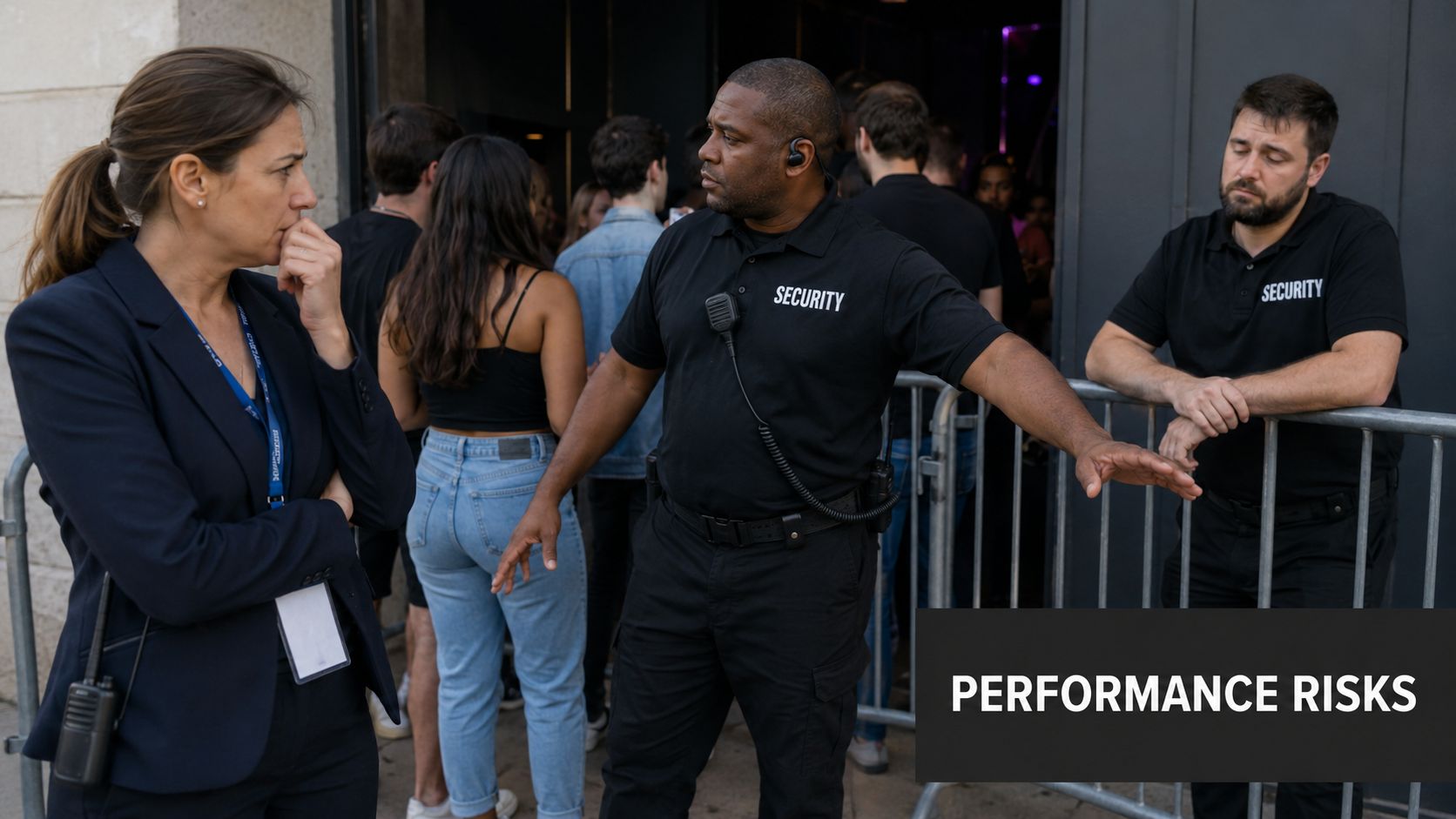Staff Performance Evaluation: Guide for Security & Venues 1 Security staff monitoring an entrance line while an official observes, highlighting professional oversight and management.