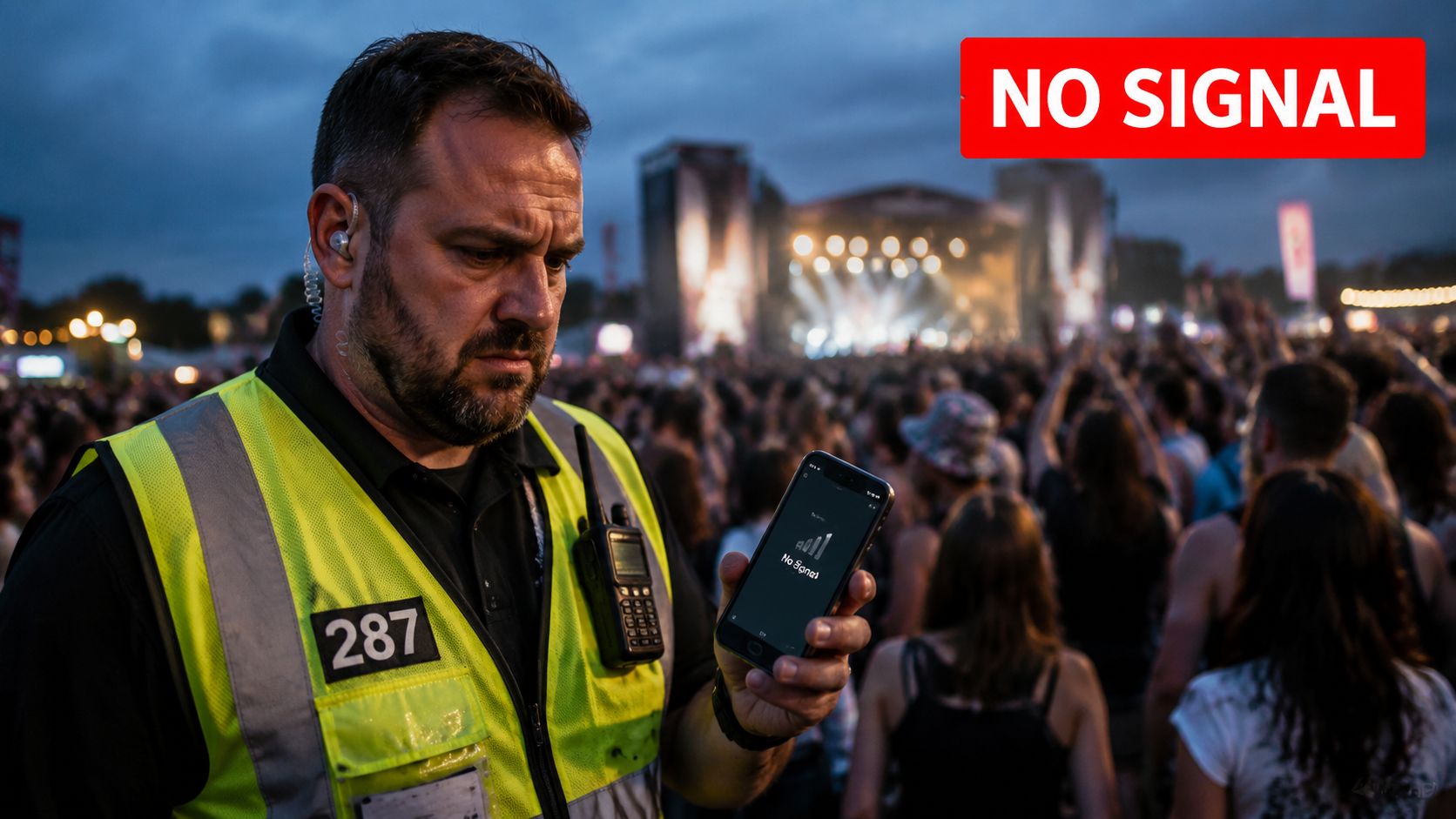 Two-Way Radio Communication: Your 2026 Guide to Event 1 A security guard holding a smartphone showing a no signal warning in a crowded music festival venue.