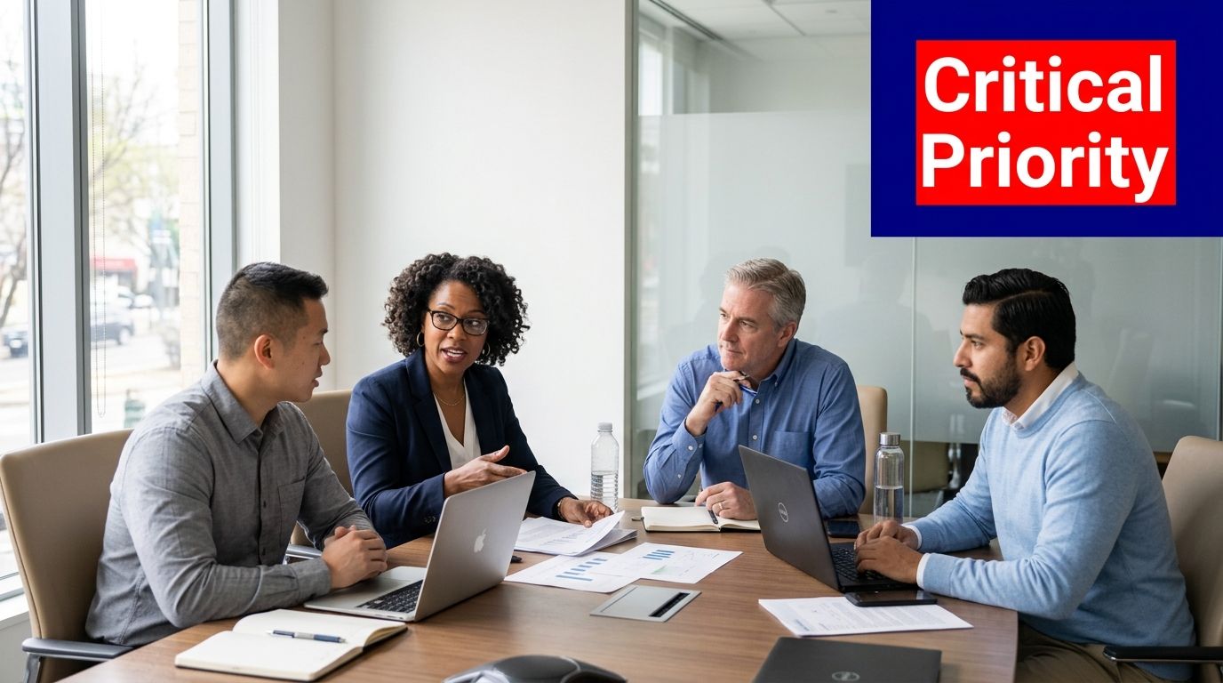 5 Essential Violence Prevention Strategies Your Venue Needs 1 A professional team of four people collaboratively discussing strategies in a modern brightly lit office meeting room.