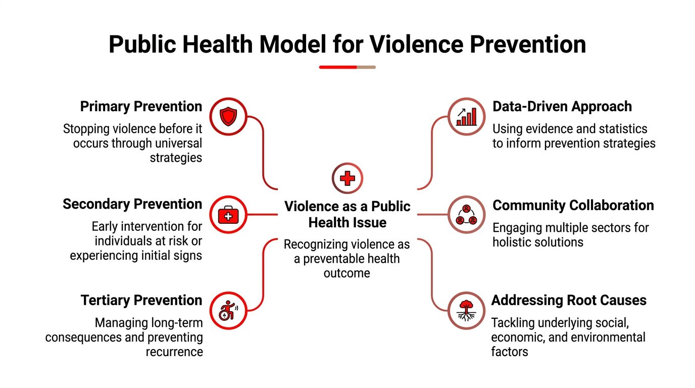 5 Essential Violence Prevention Strategies Your Venue Needs 2 A diagram illustrating the public health model for violence prevention, highlighting various preventative approaches and strategies.