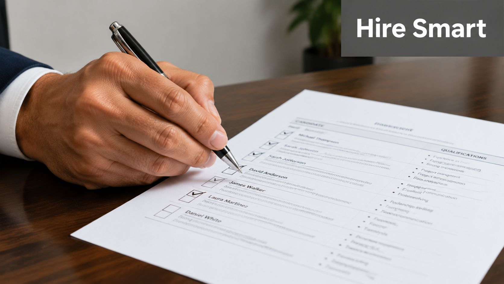 A close-up of a person's hand using a black pen to review and select candidates on a recruitment document.