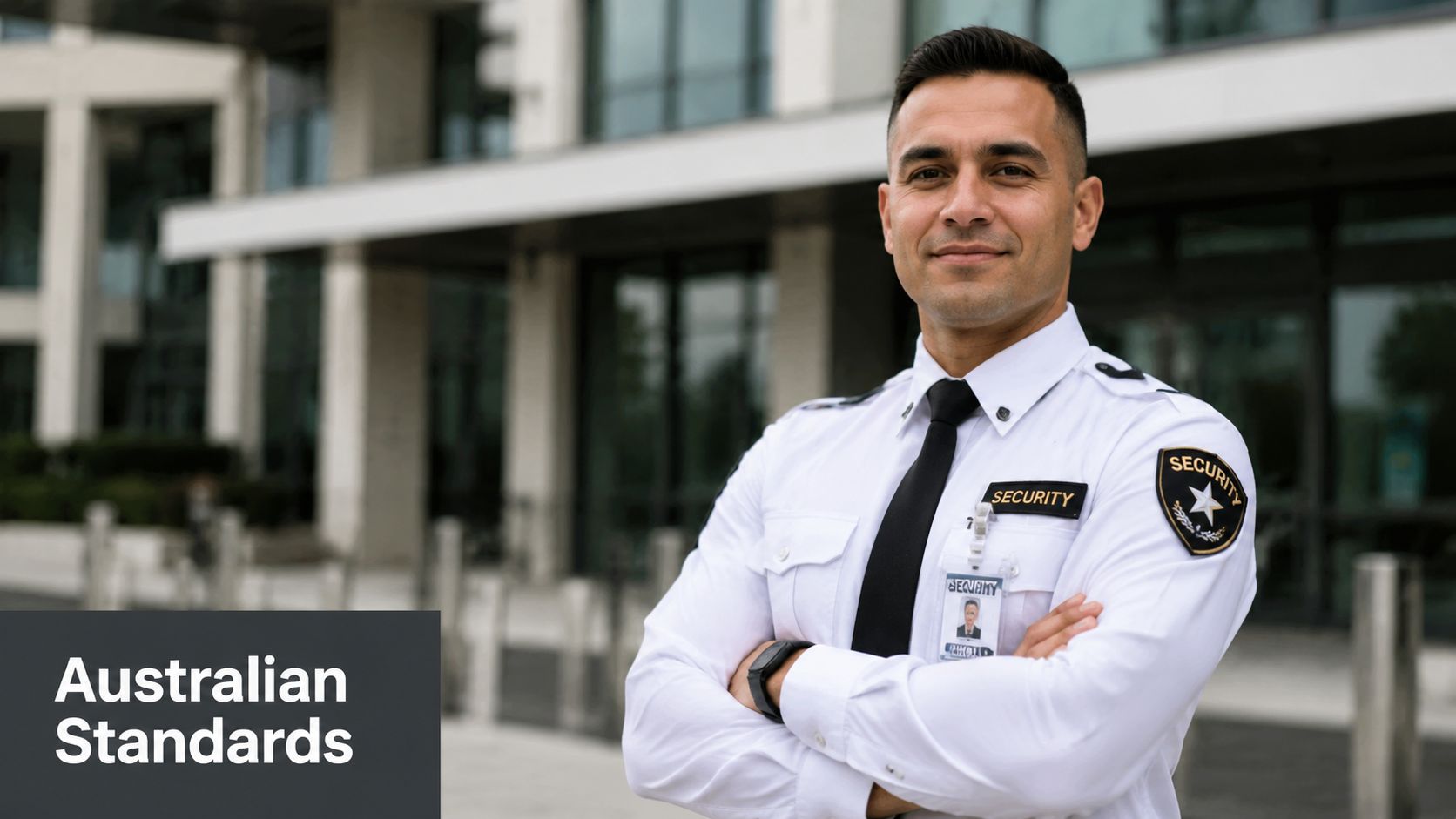 A professional security guard standing in front of a modern building, representing VIP protection services.