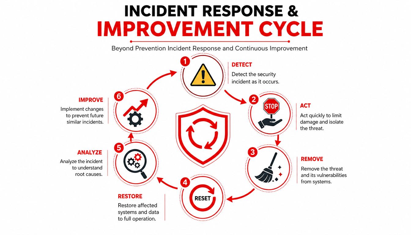 A circular infographic detailing the six-step incident response and continuous improvement cycle for digital security protection.