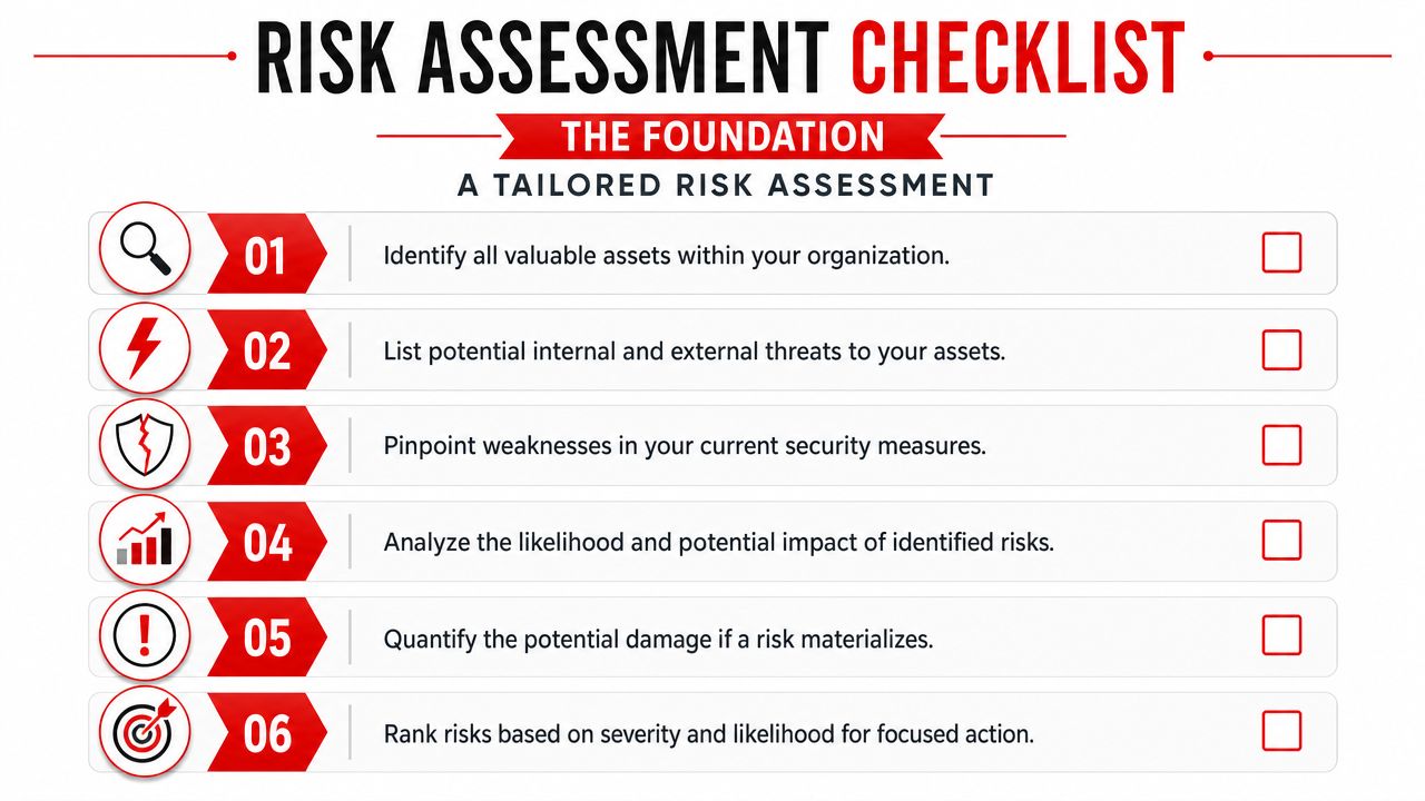 A six-step checklist for conducting a tailored risk assessment to protect valuable organizational assets effectively.