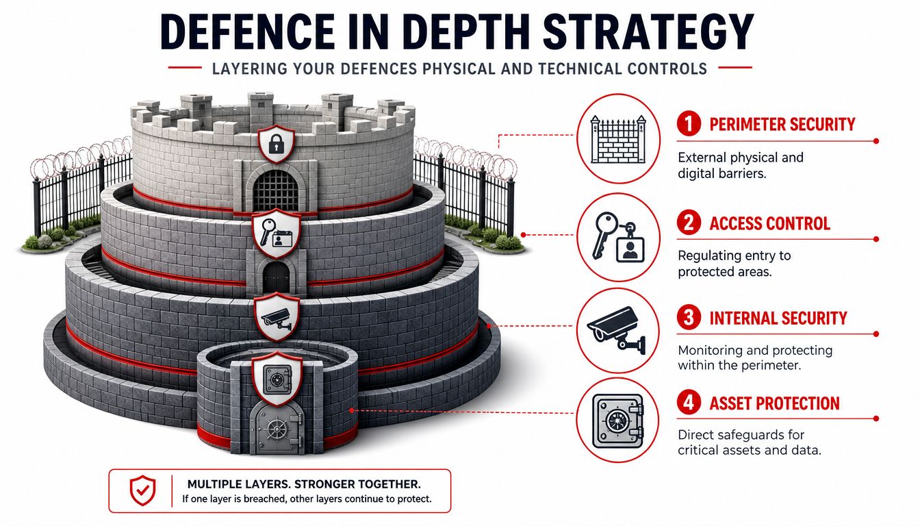 A visual representation of a multi-layered castle strategy illustrating physical and digital security concepts and defenses.