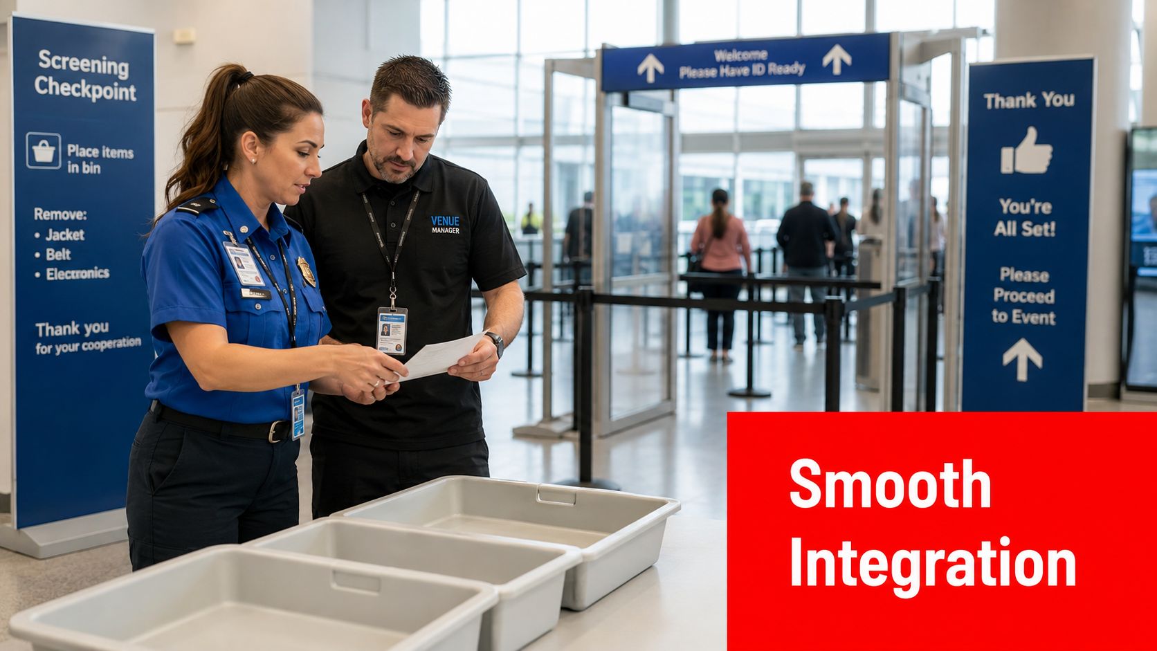 Aviation Screening Officer: Expert Hiring Guide Australia 4 A female aviation screening officer and a venue manager review documentation at a security checkpoint.