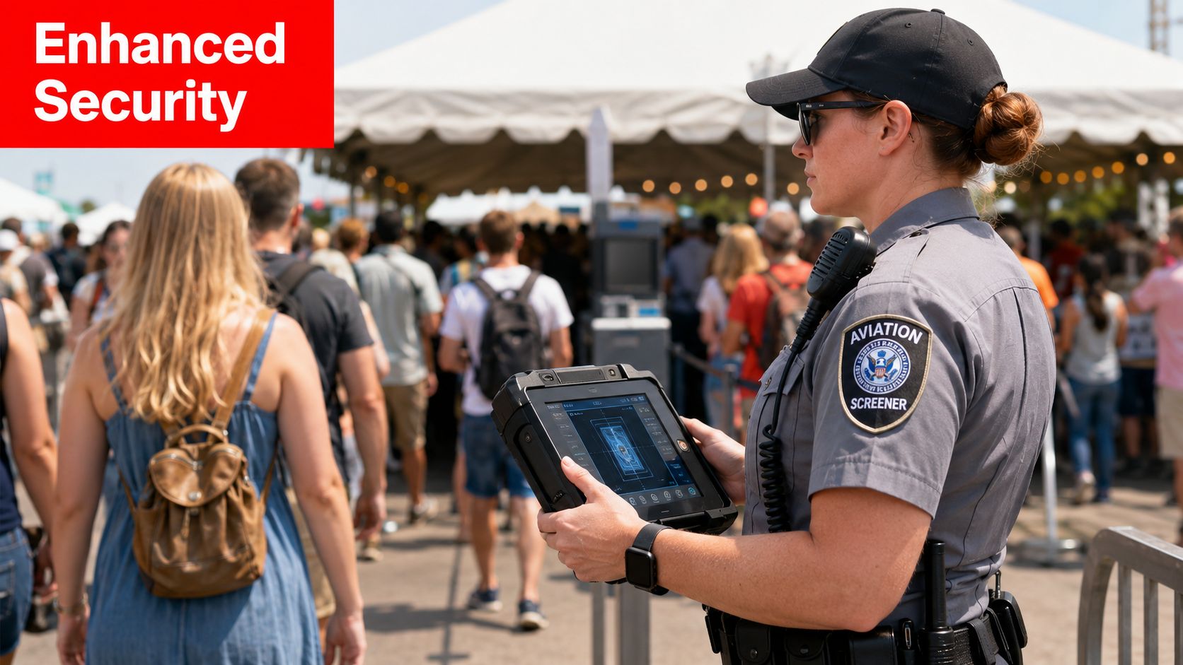 Aviation Screening Officer: Expert Hiring Guide Australia 1 An aviation screening officer holding a digital device to check people at an outdoor event.