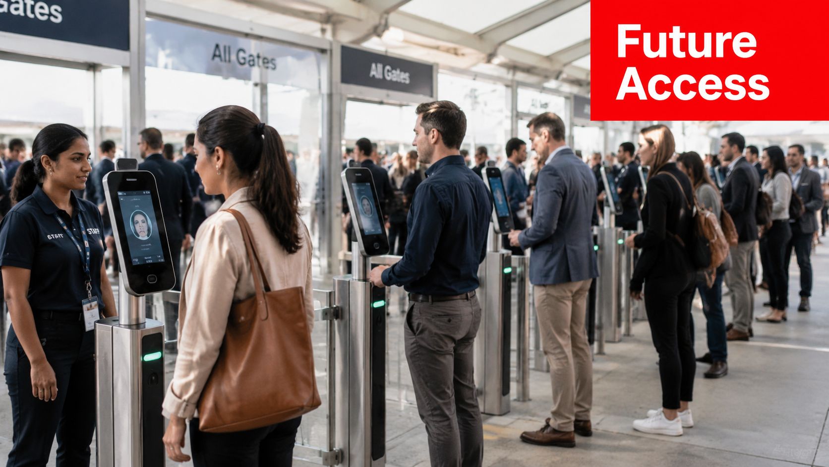 Travelers standing in a queue using biometric facial recognition scanners for automated airport gate access control.