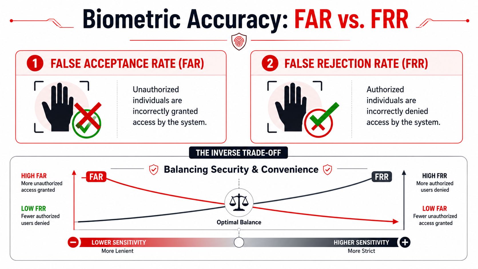 A diagram explaining the inverse trade-off between false acceptance rate and false rejection rate in biometric security systems.