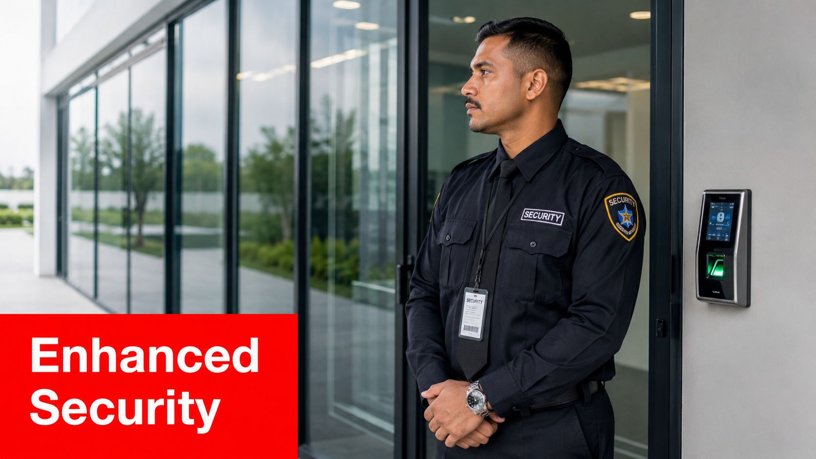 A professional security guard stands by a modern building entrance with a biometric access control system installed.