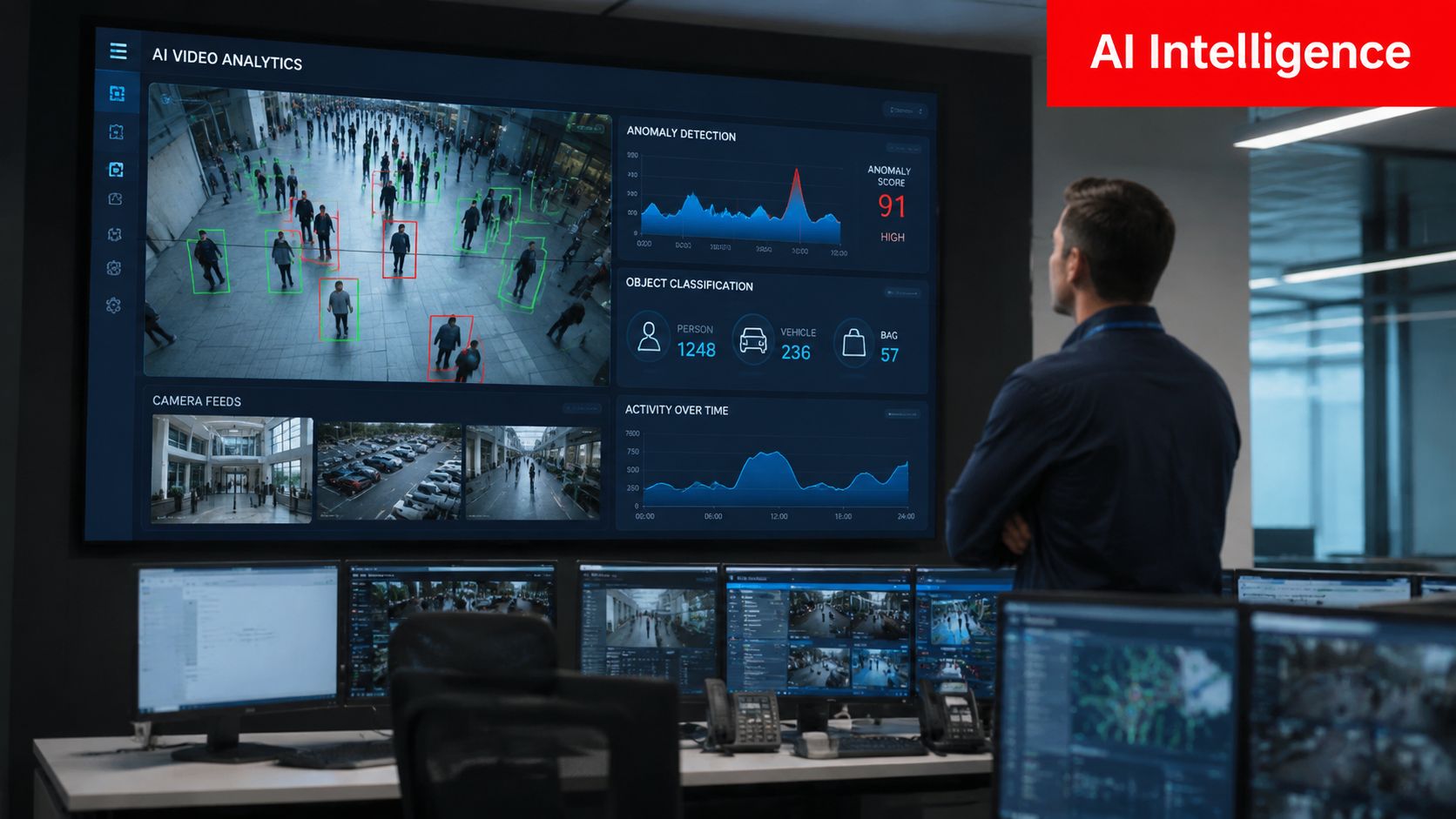 A security professional monitors a large digital wall display showing live AI-powered video analytics and surveillance feeds.