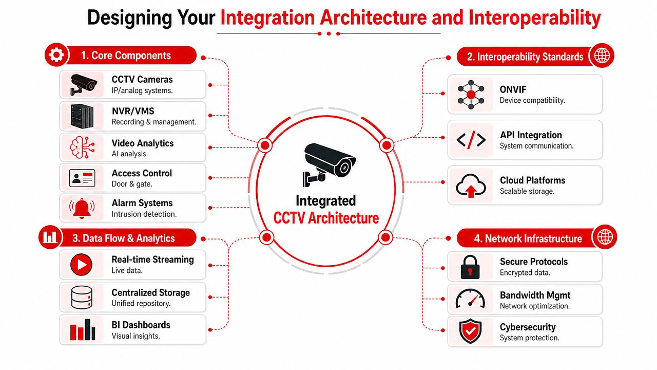 A diagram illustrating the core components, interoperability standards, data flow, and network infrastructure for CCTV system integration.
