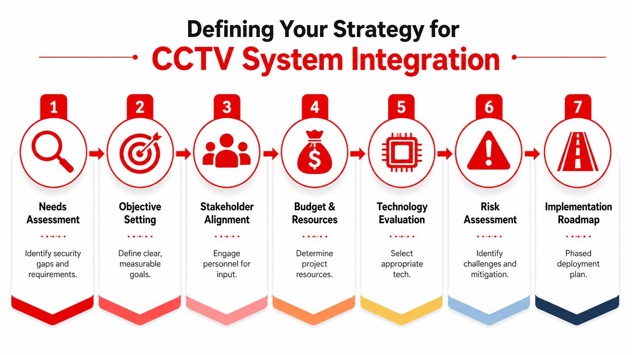 A seven-step strategy infographic for successful CCTV system integration with icons for planning, budget, and technology.