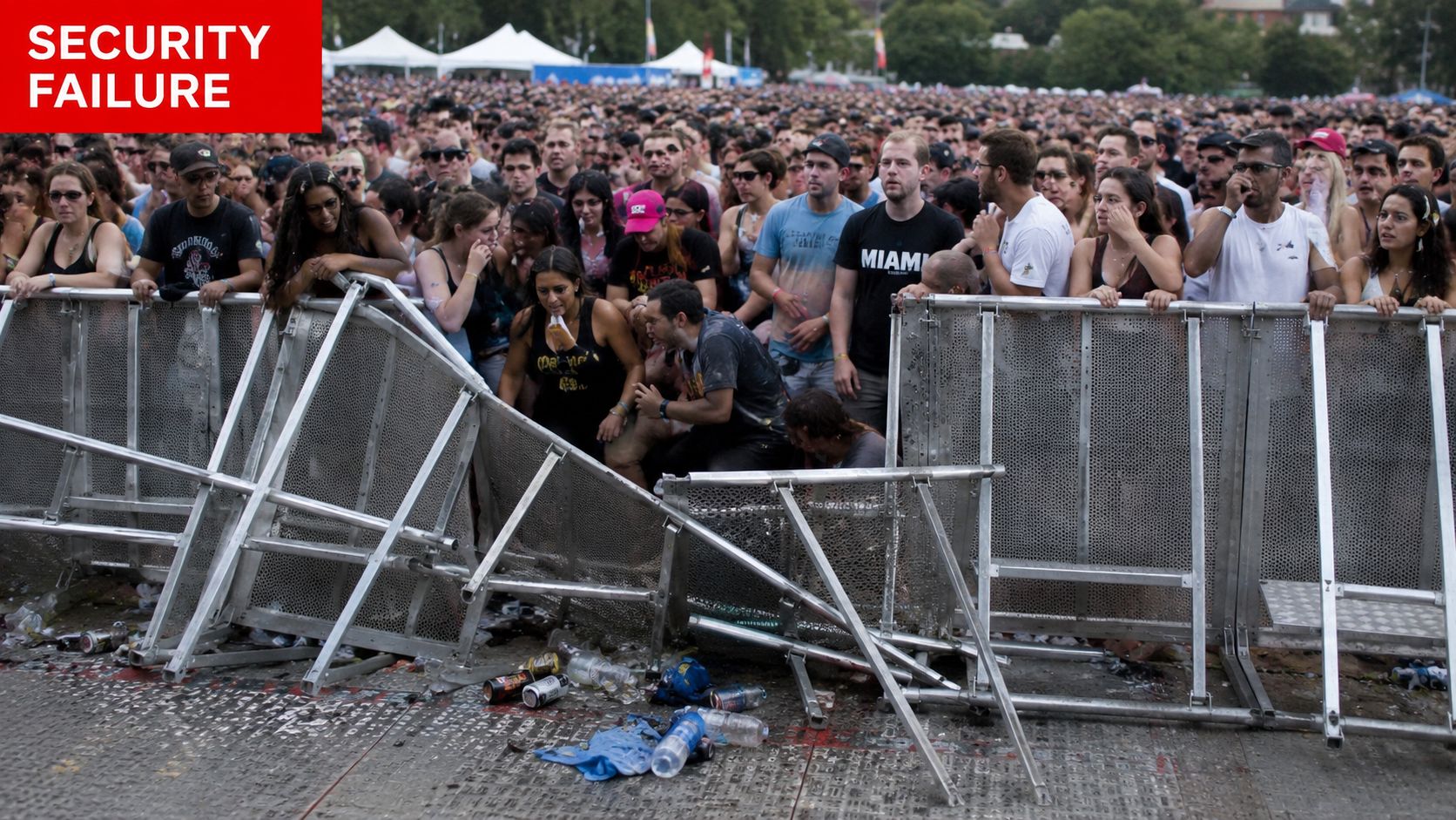 7 Amazing Client Relationship Management for Security 1 A crowd of people at an outdoor concert pushing against a metal barricade that has collapsed.