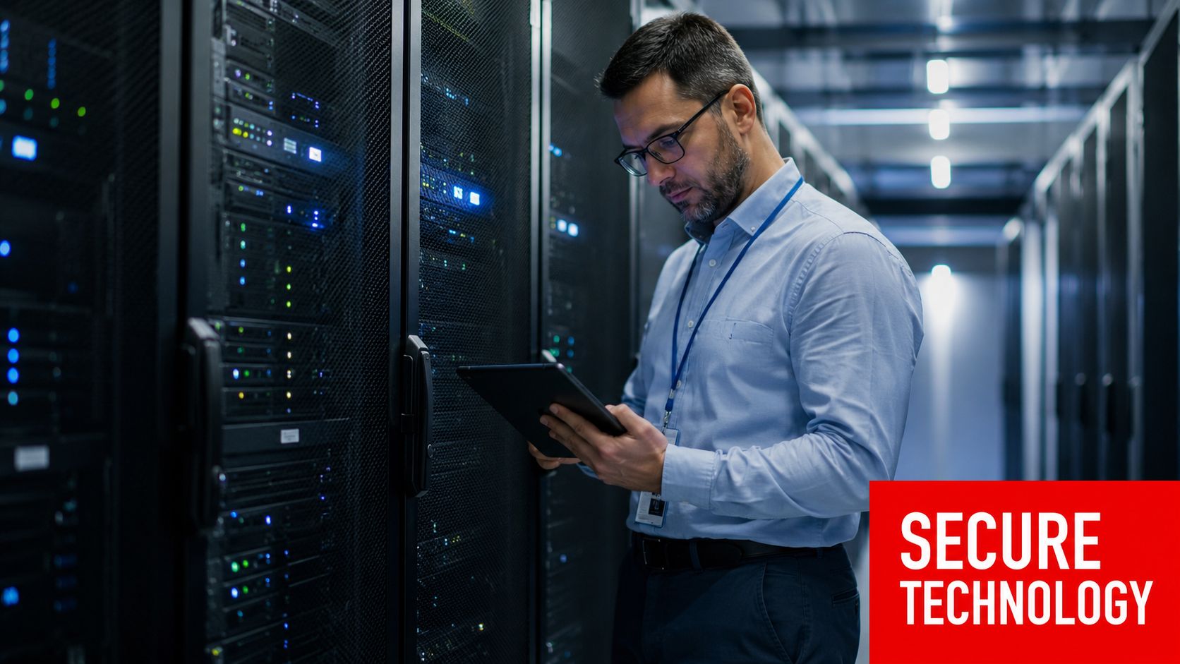 7 Amazing Client Relationship Management for Security 4 A professional technician using a tablet while monitoring server racks in a modern data center environment.