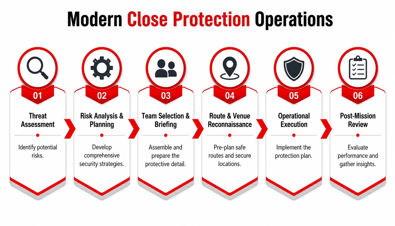Close Protection Services: Your 2026 Guide 2 A six-step infographic outlining the systematic workflow for modern close protection operations, from assessment to final review.