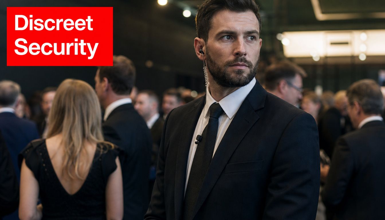 Close Protection Services: Your 2026 Guide 1 A professional security officer wearing a suit and earpiece standing in a crowded room at an event.