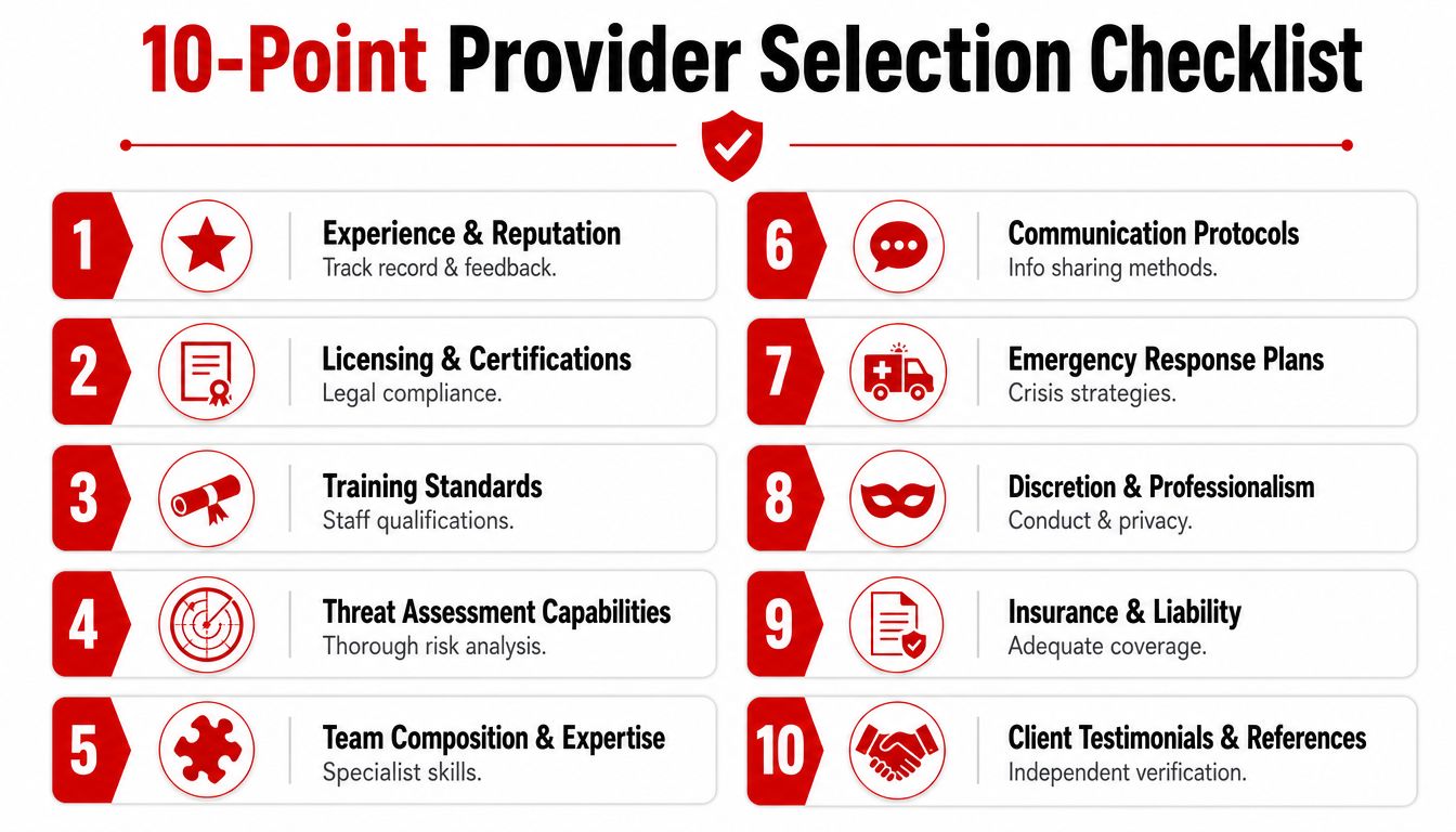 Close Protection Services: Your 2026 Guide 4 A 10-point checklist graphic for selecting security or close protection service providers for professional evaluation.