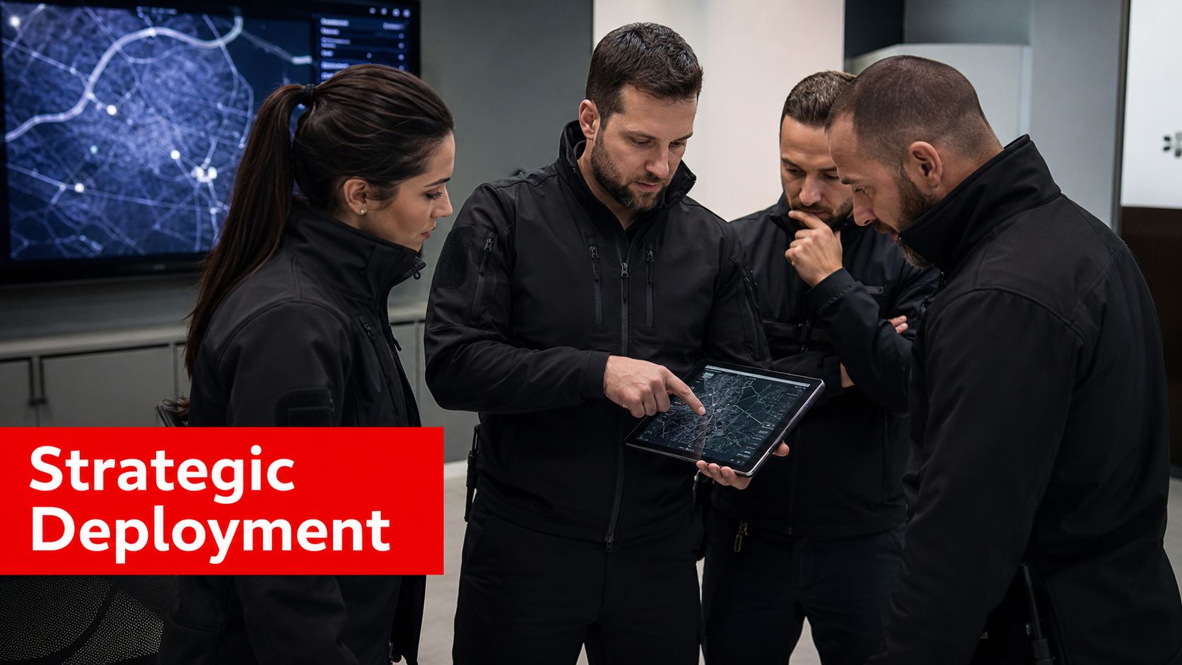 Close Protection Services: Your 2026 Guide 3 A team of security professionals in tactical gear reviewing strategic deployment plans on a digital tablet.