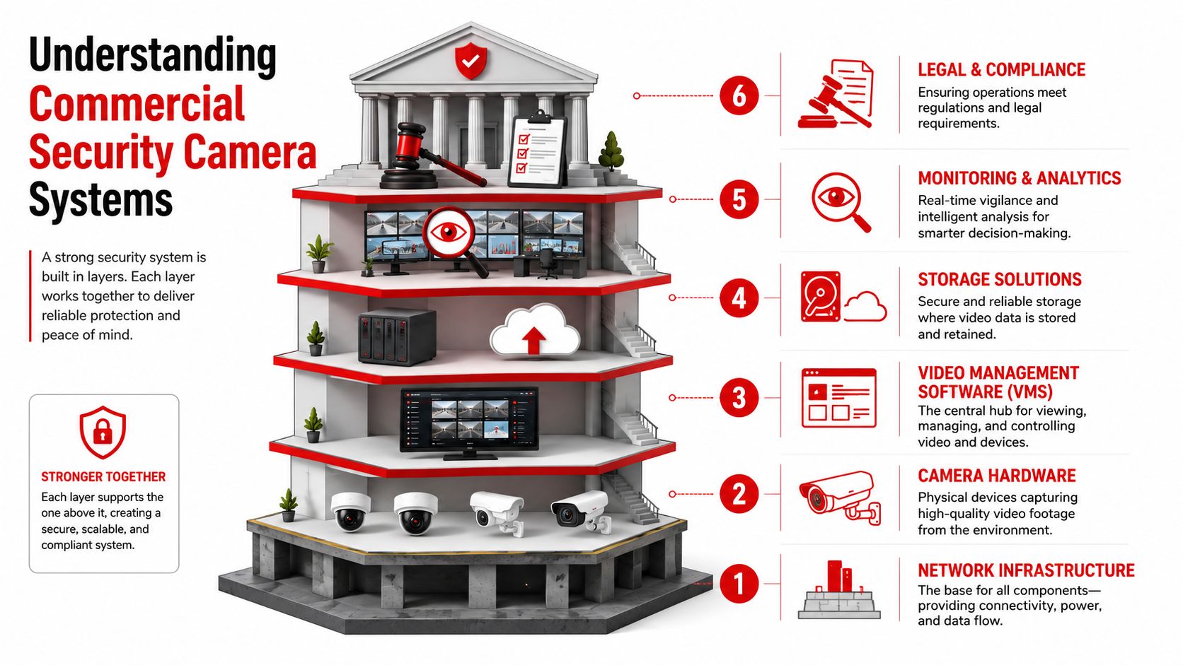 Commercial Security Cameras System: 7 Essential Design Tips 1 A 3D illustration showing a six-layer commercial security camera system with icons and descriptions for each component.