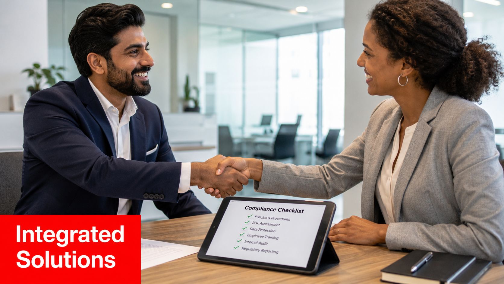 A professional man and woman shaking hands over a digital tablet displaying a corporate compliance checklist.