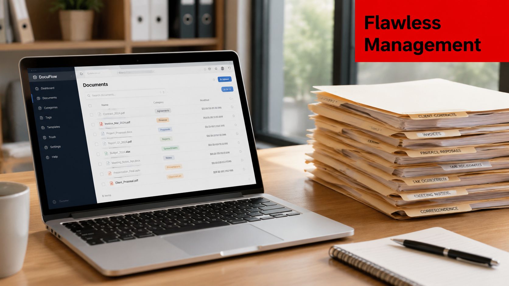 A laptop displaying document management software next to a tall stack of organized paper office files.