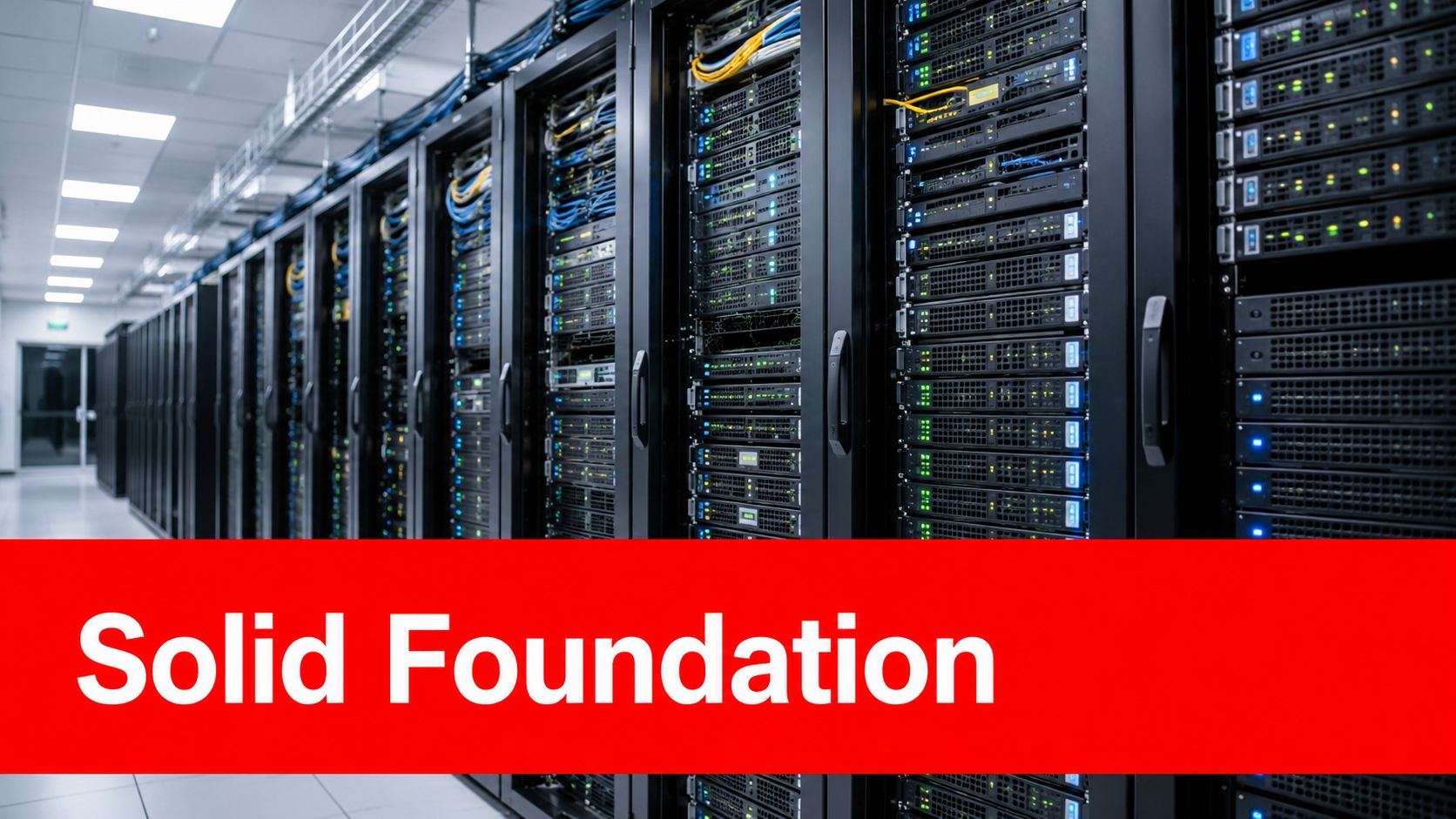 A modern data center server room with rows of high-performance hardware racks under bright overhead lighting.