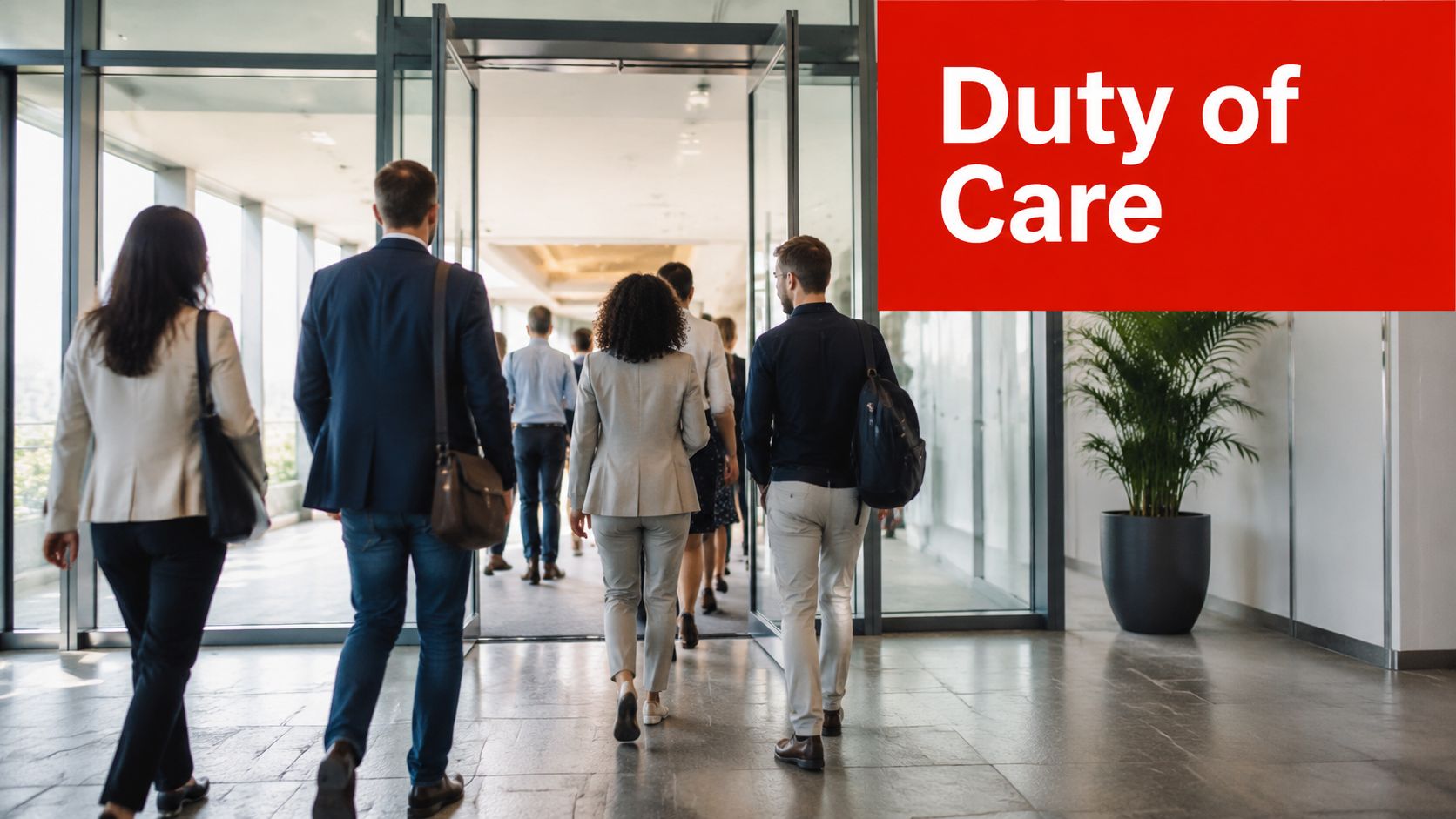 Duty of Care Obligations: Guide for Events & Venues 2026 1 A group of professionals walking through an office building entrance with Duty of Care text displayed.