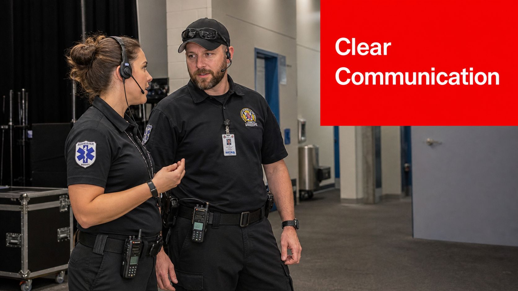 Two emergency responders in black uniforms with headsets talking during an indoor event or duty shift.