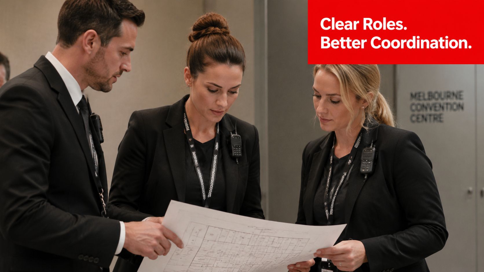 How to Improve Team Coordination: 2026 Guide for Security 1 A professional security team reviewing building floor plans at the Melbourne Convention Centre for improved operational coordination.