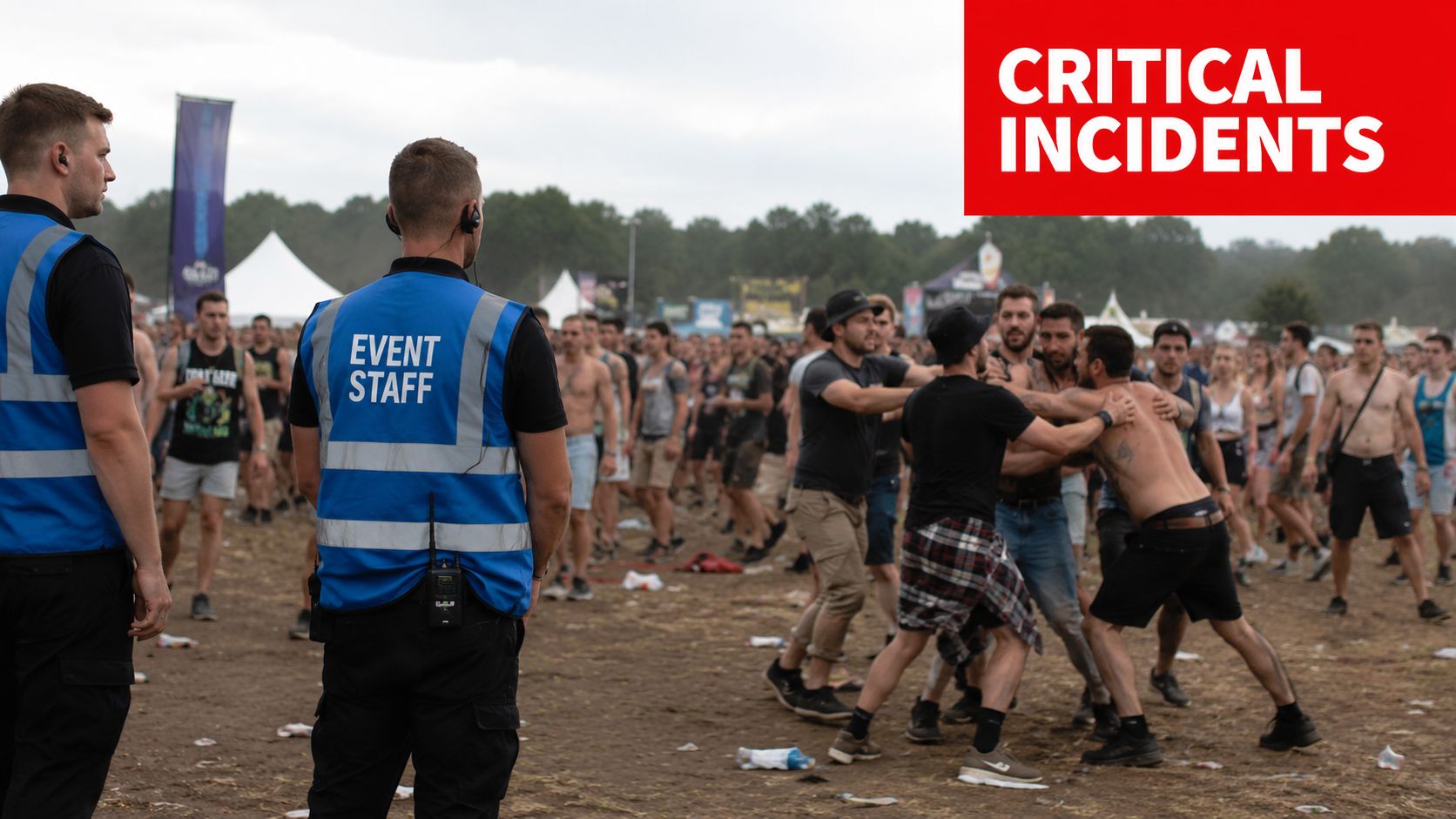 Prevent 5 Disasters with Incident Reporting Systems 1 Security staff monitoring a group of people involved in a physical altercation at an outdoor festival.