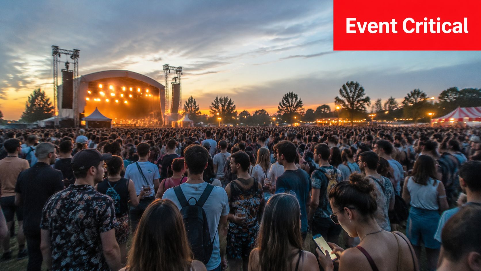 Mobile Communication: 5 Steps to Flawless Security 1 A large crowd of people standing in an open field watching a concert stage at sunset