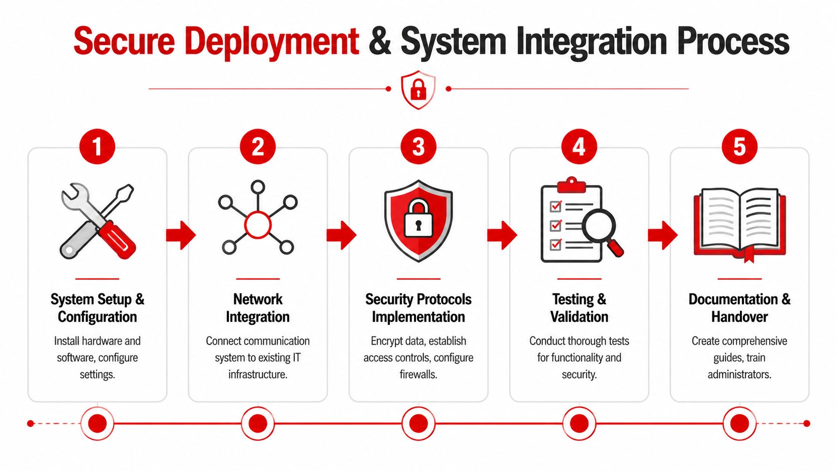 Mobile Communication: 5 Steps to Flawless Security 3 A five-step process diagram illustrating secure deployment and system integration, from setup to final documentation.