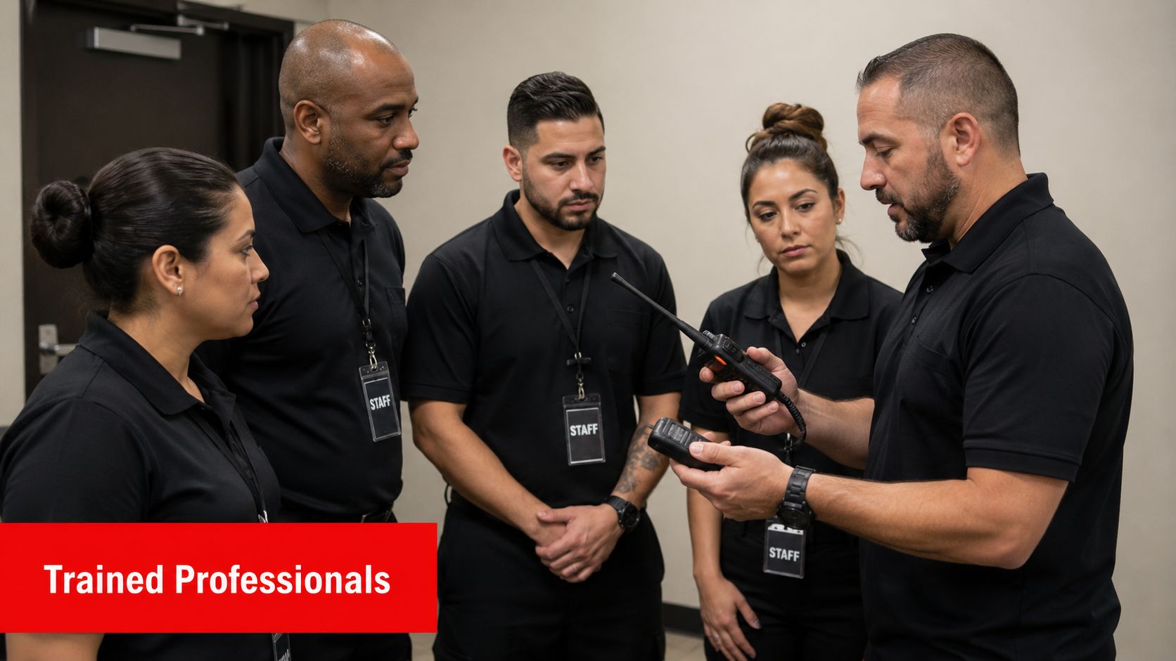 Mobile Communication: 5 Steps to Flawless Security 4 A team of four security professionals in black uniforms discussing instructions with handheld two-way radios.