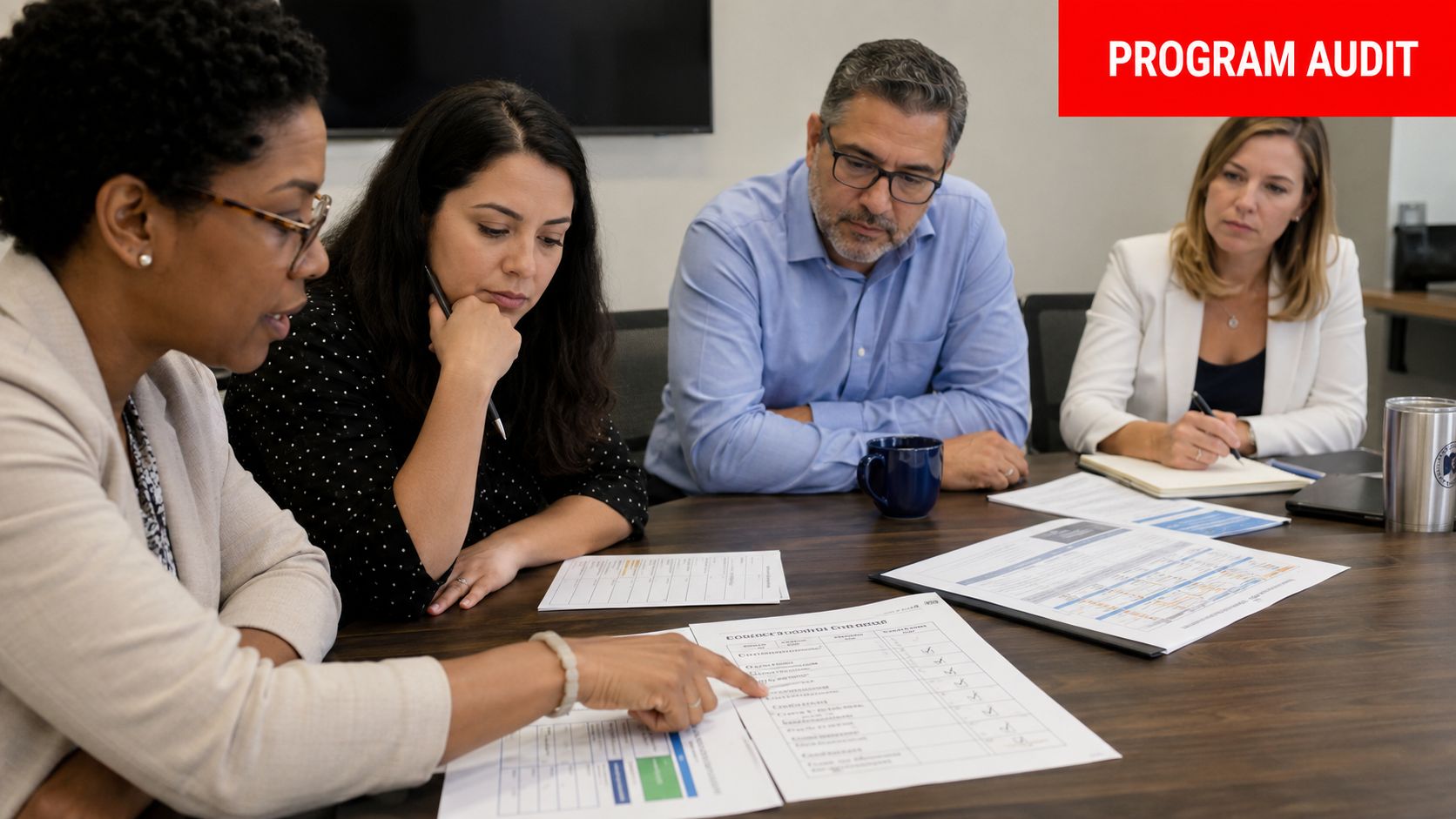 A diverse group of professionals collaborating in a meeting while reviewing program audit documents on a table.