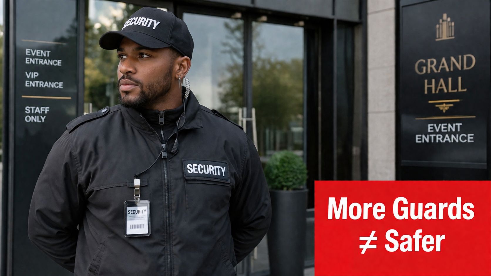 Private Security Guards: Essential Strategies for 2026 1 A professional security guard standing in uniform outside the entrance of the Grand Hall event venue.