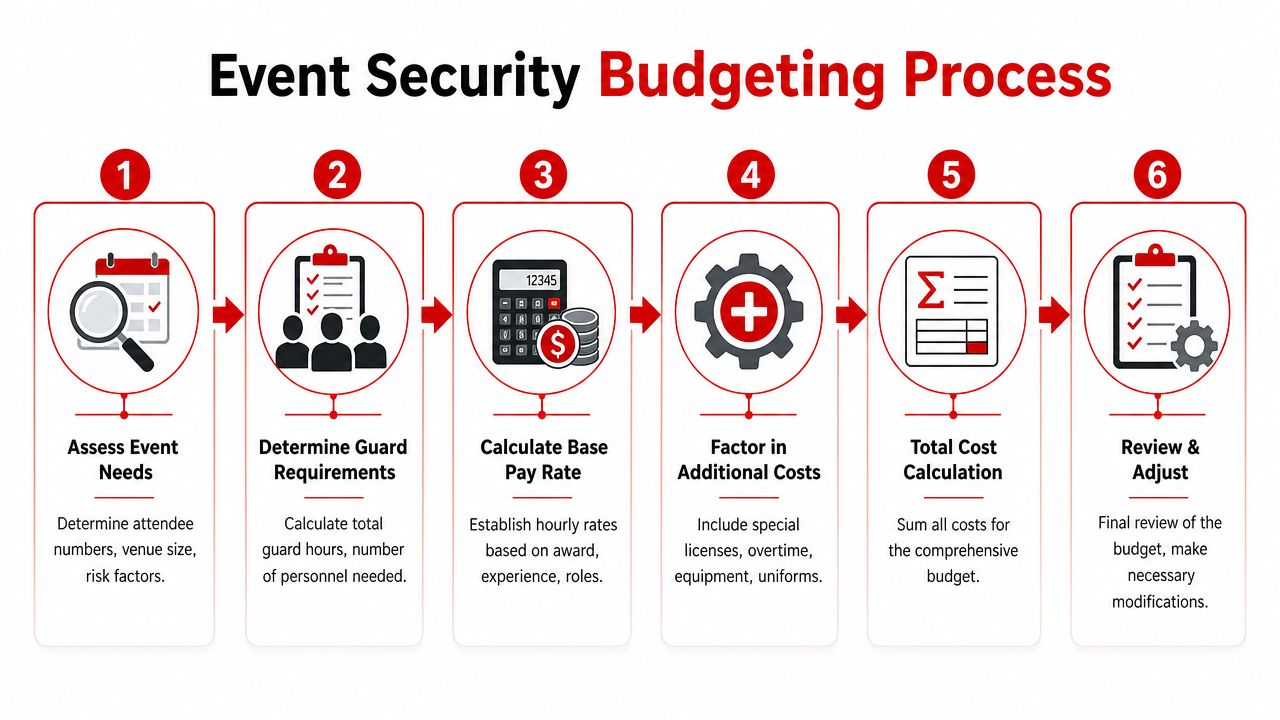 A six-step infographic detailing the event security budgeting process from initial assessment to final budget review.