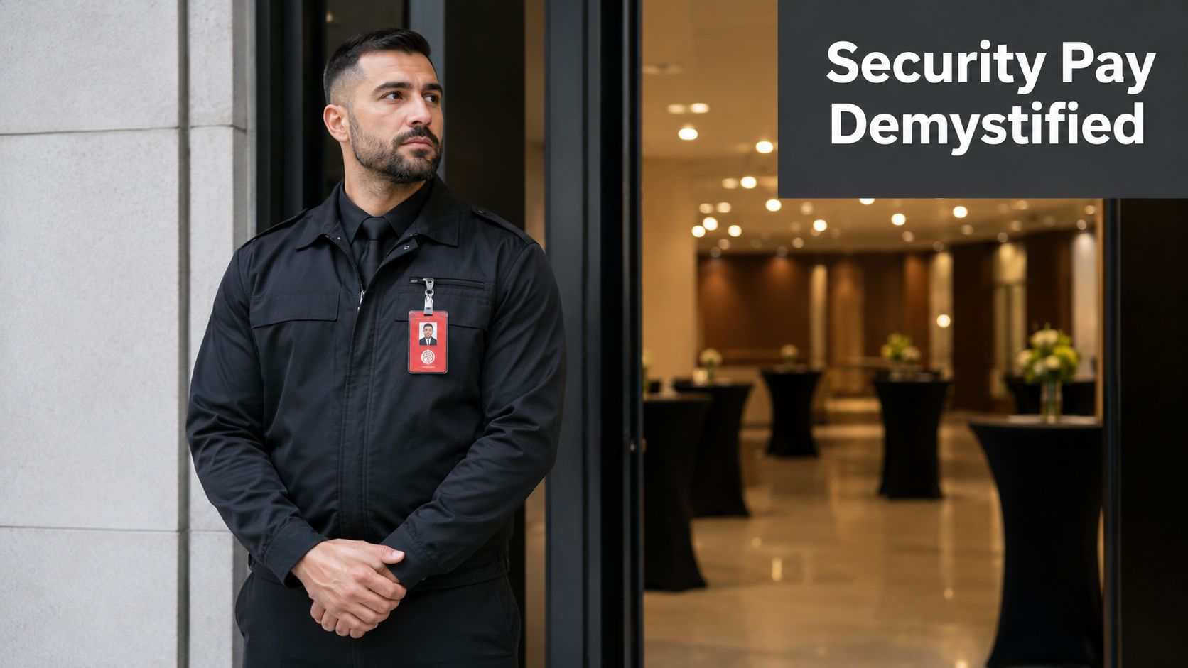 A professional security guard wearing a black uniform and a red ID badge stands by a doorway.