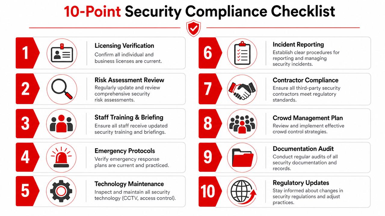 A 10-point security compliance checklist infographic detailing essential protocols for businesses to ensure safety and regulatory adherence.