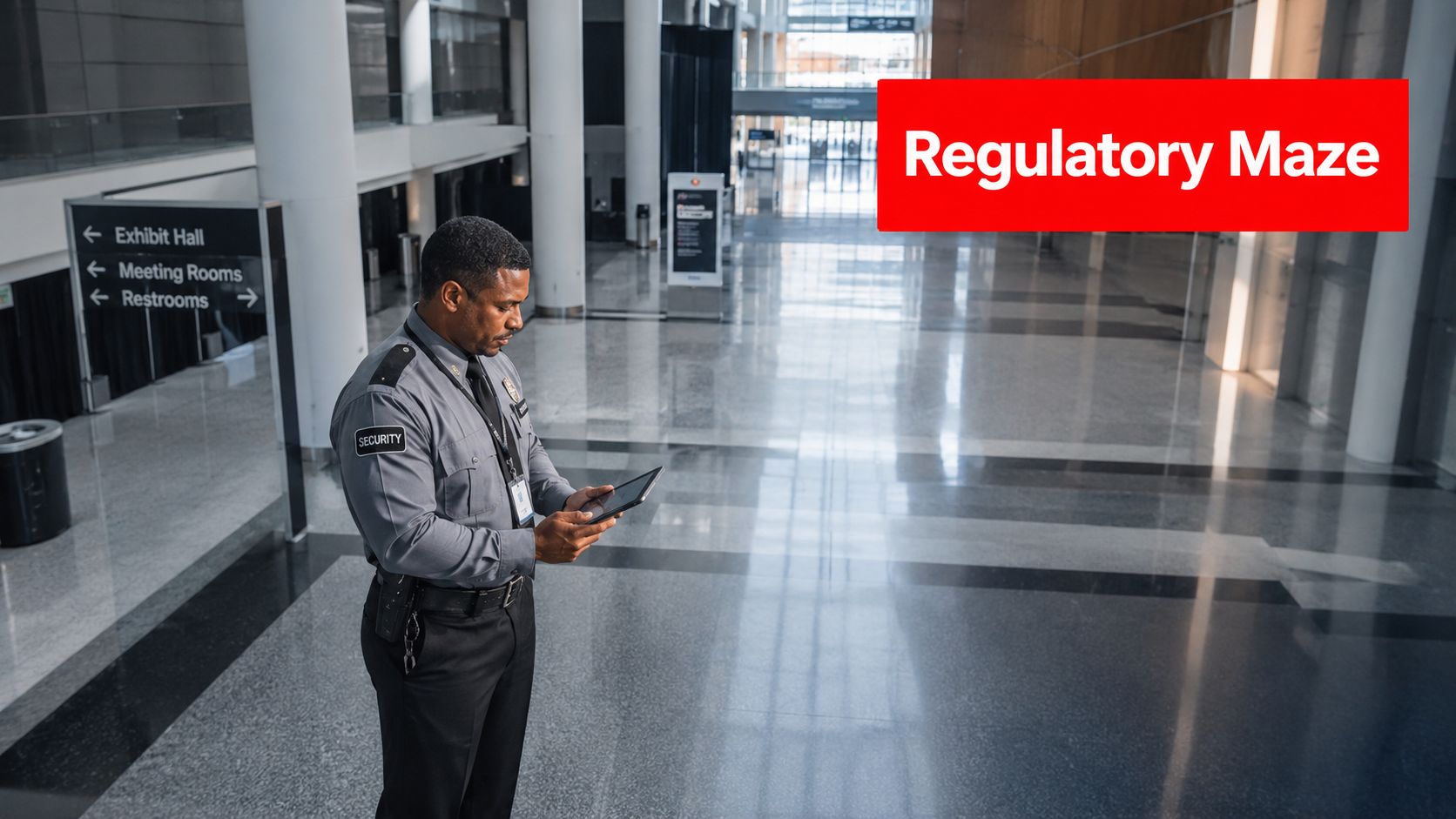 A security guard in a grey uniform stands in a modern, empty hallway checking a digital tablet.